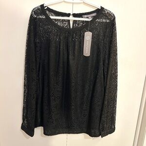 NWT Daisy Fuentes Size 2X Black Lace Long-sleeve Blouse